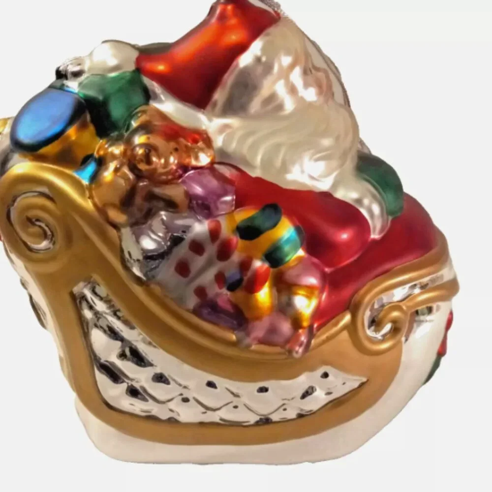 Vintage Mercury Glass Santa in Sleigh Ornament Handblown IOB Retired Limited